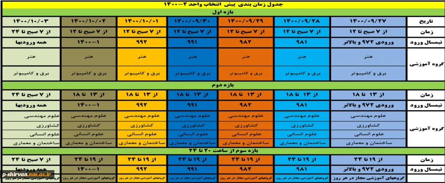 جدول زمان بندی پیش انتخاب واحد 2 - 1400 5