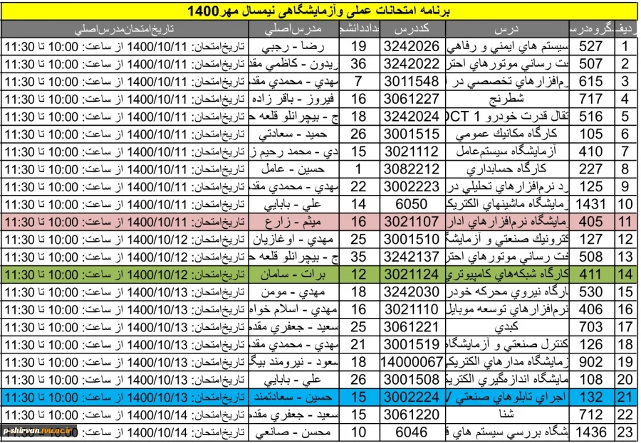 برنامه امتحانات عملی و آزمایشگاهی نیمسال مهر ماه 1400