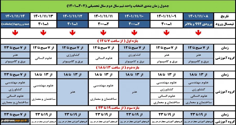 جدول زمانبندی انتخاب واحد نیمسال دوم سال تحصیلی ( 1402 - 1401 ) 2