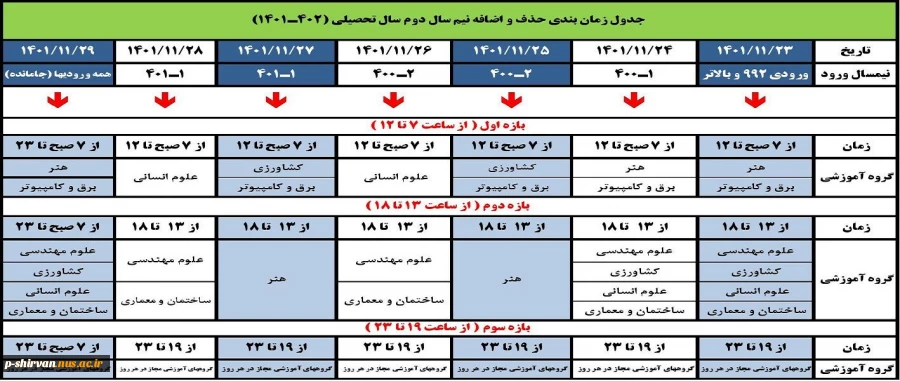 جدول زمانبندی حذف و اضافه نیمسال دوم سال تحصیلی ( 1402 - 1401 ) 2