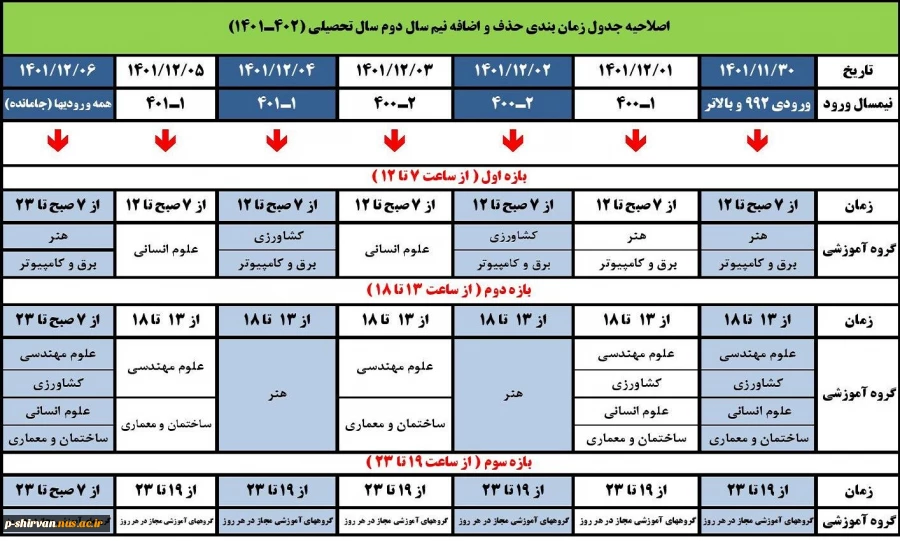 اصلاحیه جدول زمانبندی حذف و اضافه نیمسال دوم سال تحصیلی ( 1402 - 1401 ) 2